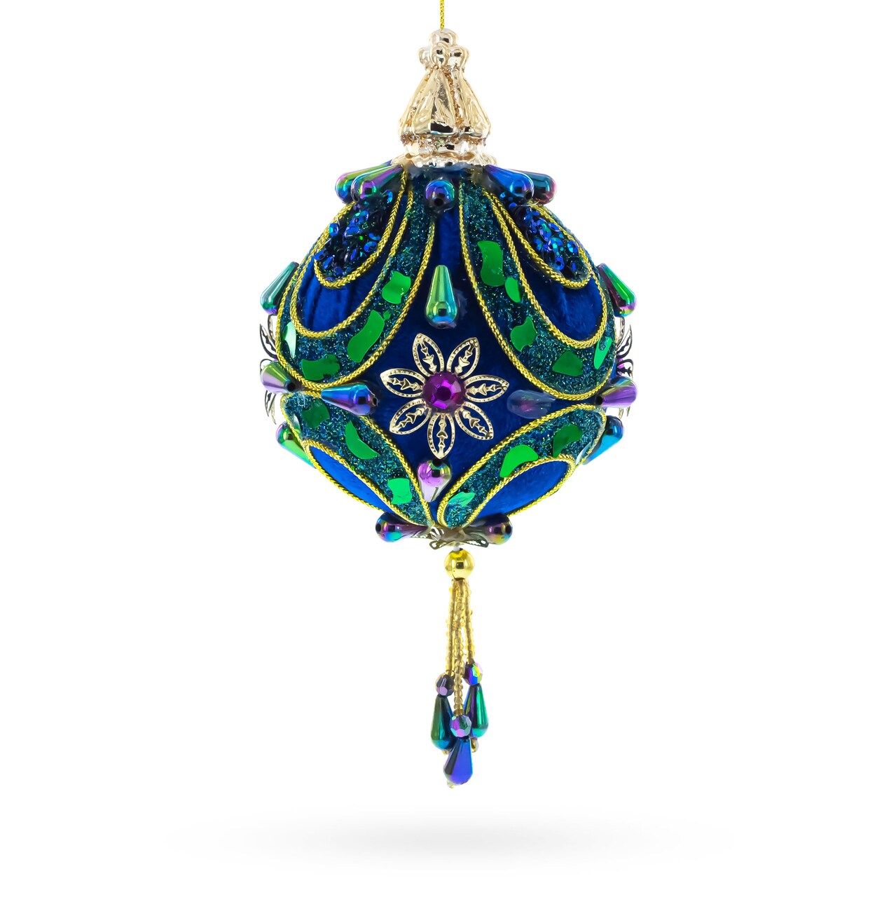 Royal Blue Jeweled Gold Filigree Accents and Tassels Christmas Ornament